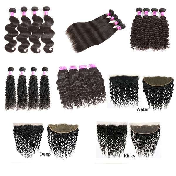 Brazilian Virgin Human Hair Weaves Straight Deep Body Water Wave Kinky Curly Bundles With 13x4 Lace Frontal Closure Peruvian Hair Wefts