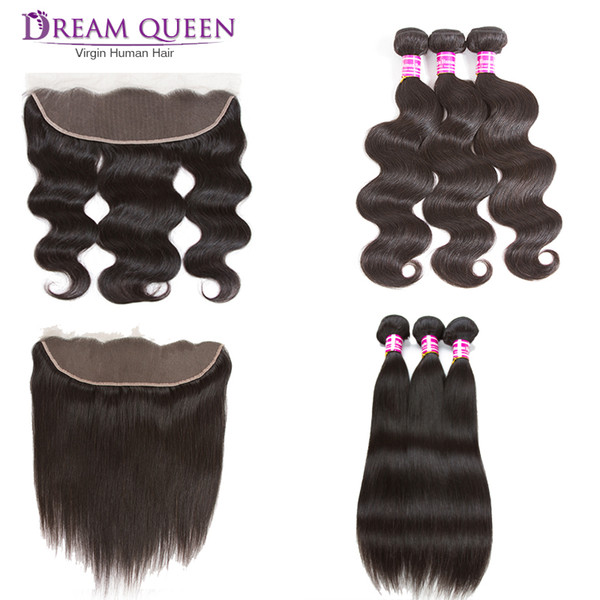 Brazilian Virgin Hair Bundles With Lace Frontal Closure Straight Body Wave Peruvian Virgin Hair Extensions with Frontal Human Hair Wefts