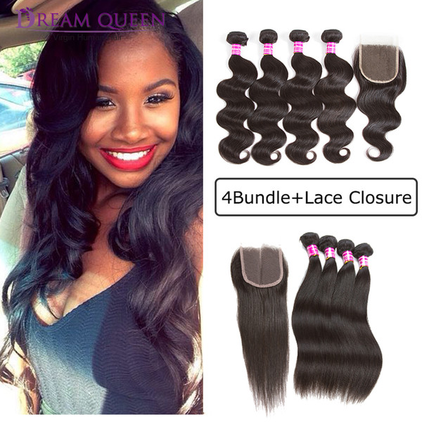 Brazilian Virgin Human Hair Extensions Body Deep Water Wave kinky Curly Straight 4 Bundles With 4X4 Lace Closure Peruvian Human Hair Wefts