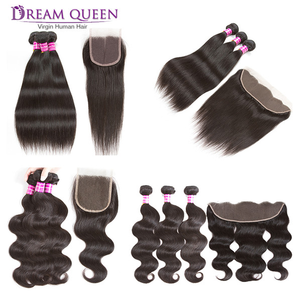 Brazilian Body Wave Straight Virgin Hair Bundles With 13x4 Lace Frontal Or 4x4 Lace Closure Malaysian Human Hair Weft Extensions