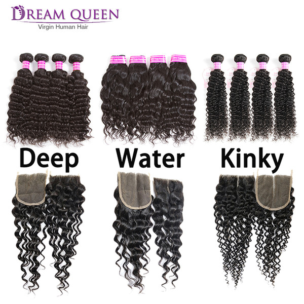 Malaysian Body Deep Water Wave Kinky Curly Straight Hair Weaves 4 Bundles With 4x4 Lace Closure Brazilian Virgin hair bundle deals