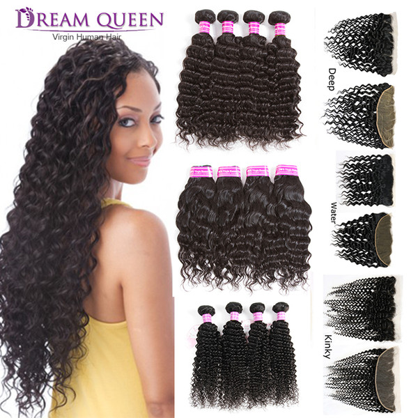 Hot Malaysian Body Deep Water Wave Human Hair Weaves 4 Bundles With 13X4 Lace Frontal Closure Straight Kinky Curly Human Hair Extensions