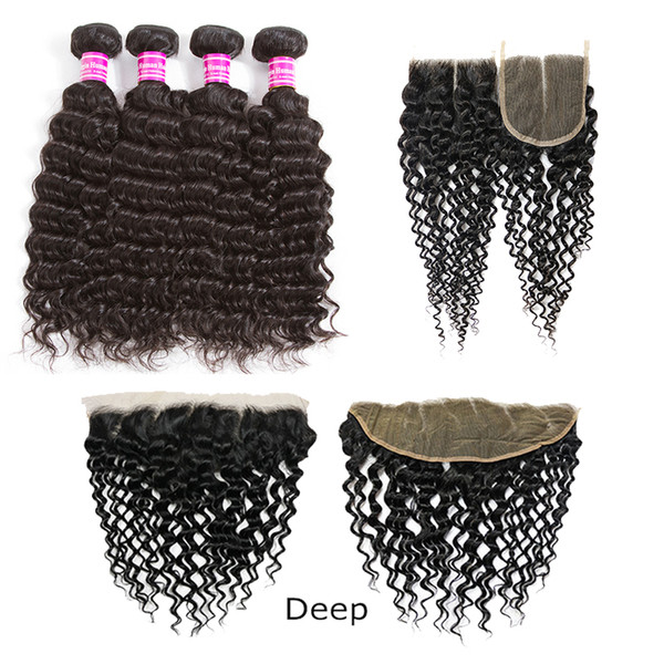 Brazilian Virgin Hair Weaves Body Deep Water Wave Straight Kinky Curly Bundles With 13x4 Lace Frontal Closure Or 4x4 Closure Remy Hair Wefts