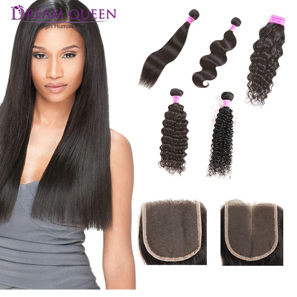 Brazilian Virgin Hair Straight Kinky Curly Deep Water Wave 3 Bundles With Lace Closure Free Middle Part Human Hair Extensions