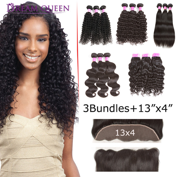 Brazilian Virgin Human Hair Weave Straight Deep Water Body Wave Kinky Curly bundles With Lace Frontal Closure Peruvian hair Extensions