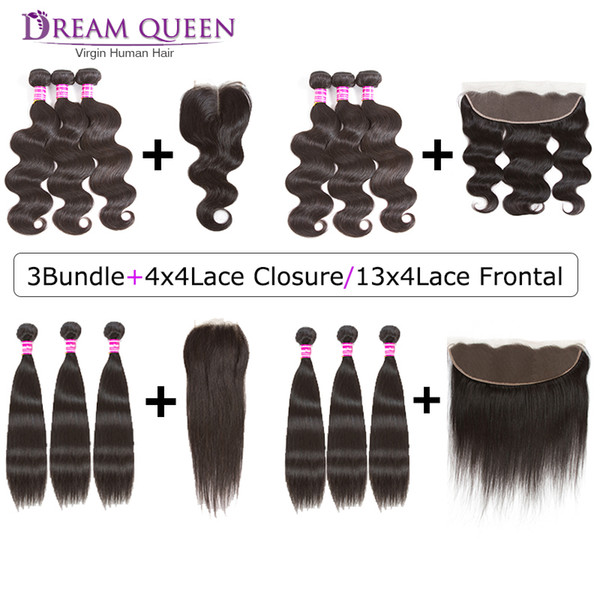 Hot Brazilian Virgin Hair Straight Body Wave 3 Bundles With 4X4 Lace Closure 13X4 lace Frontal Closure Malaysian Human Hair Extensions