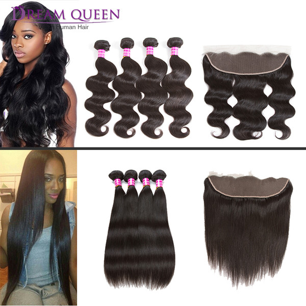 Brazilian Hair Bundles With Lace Frontal Closure 8A Grade Brazilian Straight Body Wave Human Hair Weave 4 Bundles With 13x4 Frontal Closure