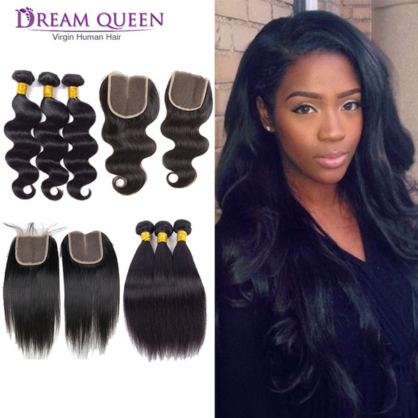 3 Bundles Brazilian Virgin Human Hair Extensions Body Wave Straight With 4X4 Lace Closure Peruvian Brazilian Remy Hair Bundles with Closure