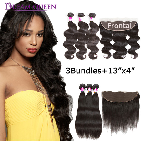 Brazilian Virgin Hair Body Wave Straight Bundles with Closure Peruvian Human Hair Extensions 3 Bundle with 13x4 Lace Frontal Closure