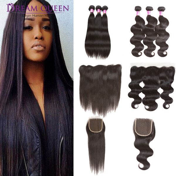 Unprocessed Brazilian Virgin Hair Extensions Straight Body Wave 3 Bundles With 13X4 Lace Frontal Or 4X4 Lace Closure Human Hair Wefts