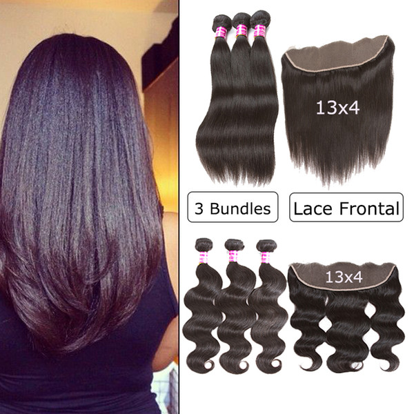 3 Bundles With Frontal Brazilian Virgin Hair Weave Body Wave Straight 3pcs with Lace Frontal Closure Indian Remy Human Hair Wefts