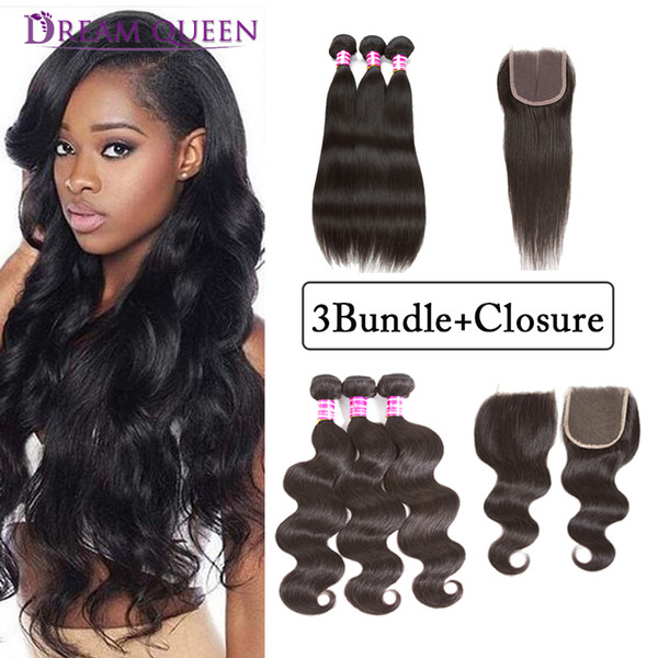 Wholesale Brazilian Virgin Human Hair Wefts Body Wave Straight 3 Bundles With 4