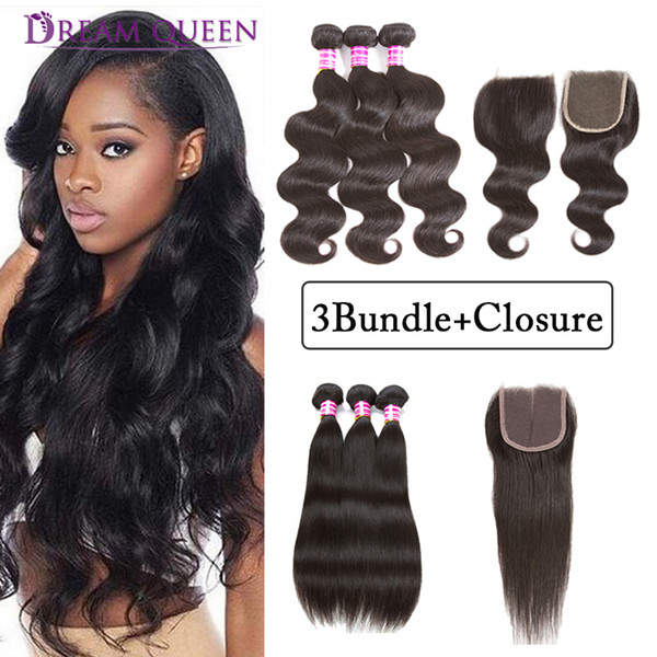 Unprocessed Brazilian Virgin Human Hair Weaves Straight Body Wave 3 Bundles With 4