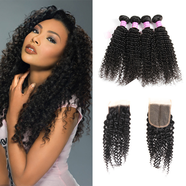 Unprocessed Brazilian Virgin Kinky Curly Human Hair Bundles With Closure 4 Hair Wefts and Lace Frontal Cheap Remy Hair Extensions Wholesale