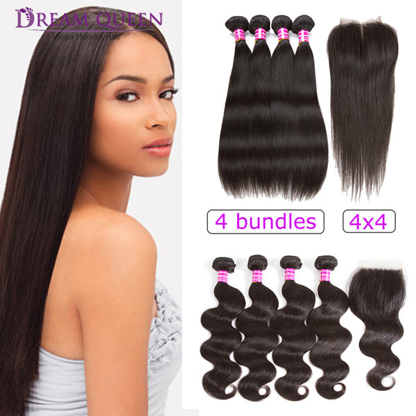 Brazilian Virgin Human Hair Weaves Straight Body Deep Water Wave Bundles With Lace Frontal Closure kinky curly Peruvian hair Extensions