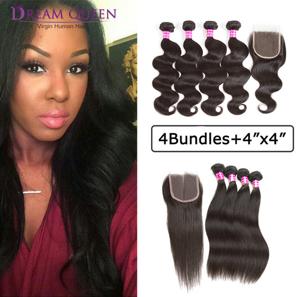 Peruvian Hair Bundles With Closure or Frontal Brazilian Straight Body Water Deep Wave Human Hair Extensions 4 Bundles with Frontal Closure