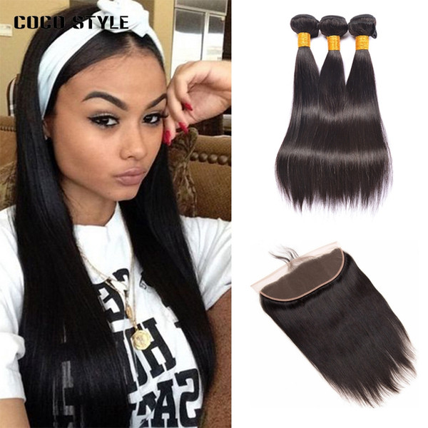 Human Hair Bundles With Frontal Closure 13x4 Pre Plucked Straight Brazilian Hair Weave Bundles 3PCS Remy Hair Extension