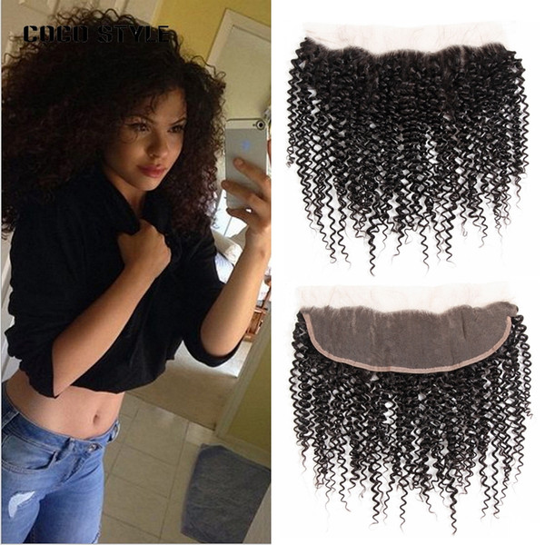 13*4 Remy Human Hair Frontal Closure Brazilian Kinky Curly Hair Natural Color 