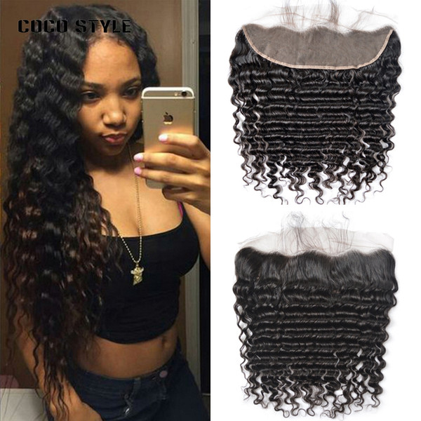 Brazilian Deep Wave 13*4Lace Frontal With Baby Hair Human Hair Closure Free Part Virgin Hair Natural Black