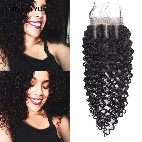 Kinky Curly Weave Human Hair Lace Closure With Baby Hair 4x4 Malaysian Hair Closure Free Part