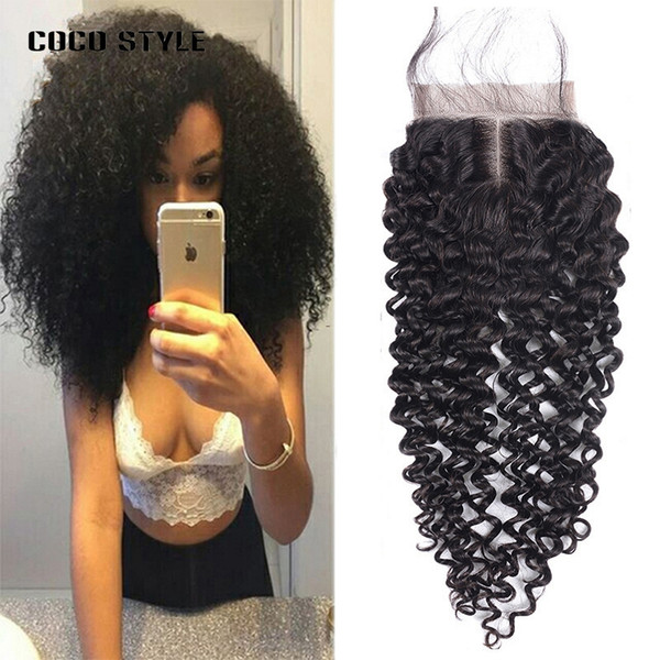 Kinky Curly Closure Hand Tied Top Lace Closure Human Hair Bundles 4x4 Free Middle Three Part Remy Brazilian Hair Closure