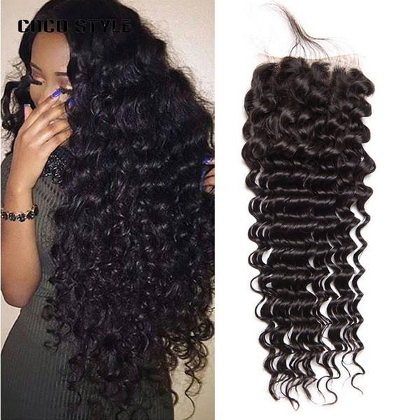 Brazilian Deep Wave Lace Closure 4X4 inch Free Part Closure with Baby Hair Remy Human Hair Color 1