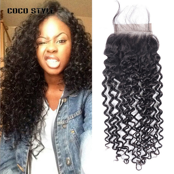 Kinky Curly Peruvian Hair Weaves Lace Closure 4x4 Free Part 100% Remy Human Hair Closure 8-20 inch Free Shipping