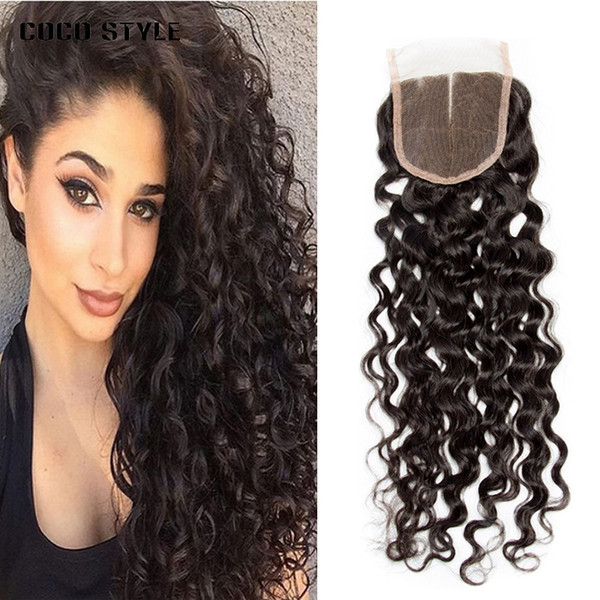 8A Grade Water Wave Lace Closure 4X4 inch Free Part With Baby Hair Natural Color Remy Hair