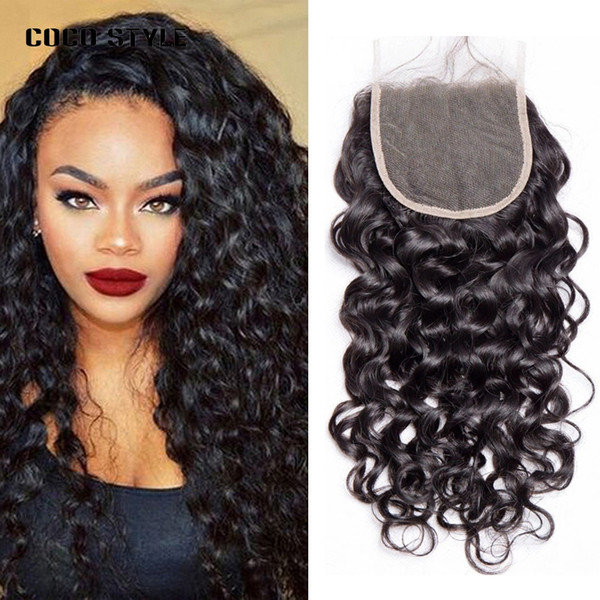 8A Grade Water Wave Lace Closure 4X4 inch Free Part With Baby Hair Natural Color COCOSTYLE Hair