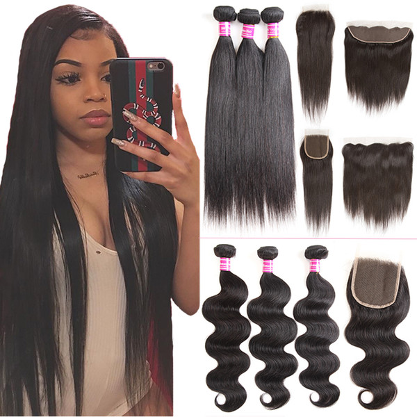 Peruvian Human Hair Straight Bundles with Lace Closure Brazilian Virgin Hair Body Wave Bundles with Frontal Ear to Ear Hair Weft Extensions