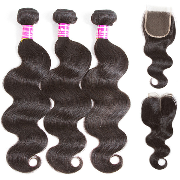 Brazilian Human Hair Bundles with Lace Closure Body Wave Weaves Wefts Unprocessed Virgin Hair Straight Bundles with Closure Hair Extensions