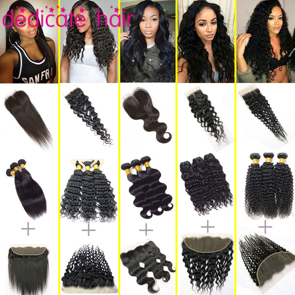 Brazilian Straight Virgin Hair 3 Bundles with Lace Closure Unprocessed Human Hair Kinky Curly Body Wave Peruvian Hair Bundles with Frontal