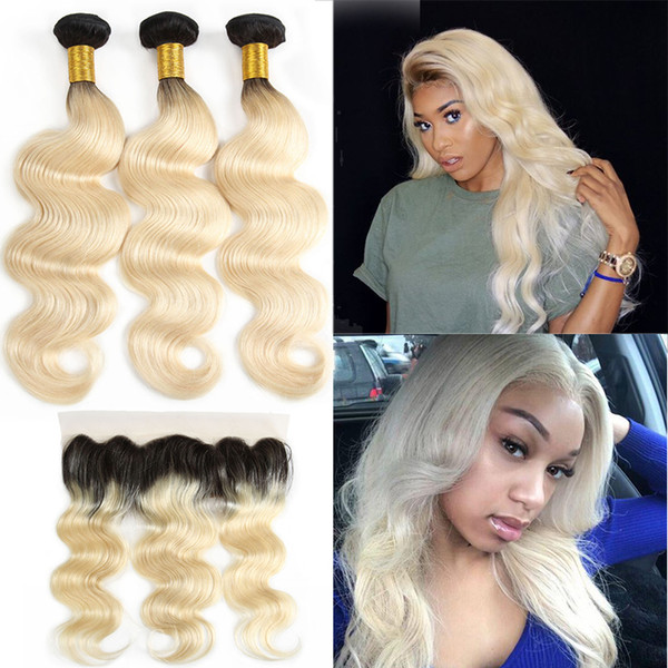 Brazilian Virgin Hair Bundles with Lace Frontal 1B 613 Blonde Hair Body Wave Bundles with Ear to Ear Lace Frontal Hair Wefts Extensions