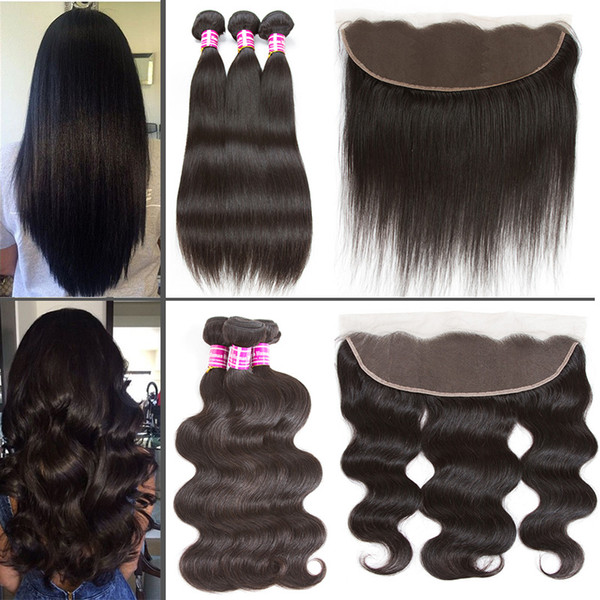 Straight Virgin Hair Brazilian Body Wave Weave Bundles with Ear to Ear 13x4 Lace Frontal Closure Unprocessed Natural Black Human Hair Weaves