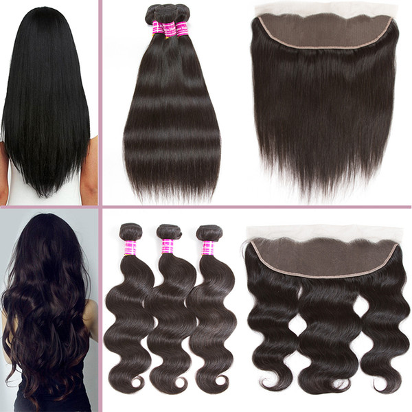 8A Straight Virgin Hair Brazilian Body Wave Weaves with Frontal Closure Unprocessed Brazilian Straight&Body Wave Remy Human Hair Extensions