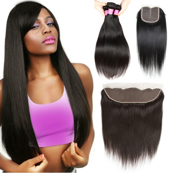 Brazilian Virgin Hair Straight 3 Hair Wefts with Ear to Ear Frontal Closure or 4x4 Lace Closure Unprocessed Peruvian Human Hair Extensions