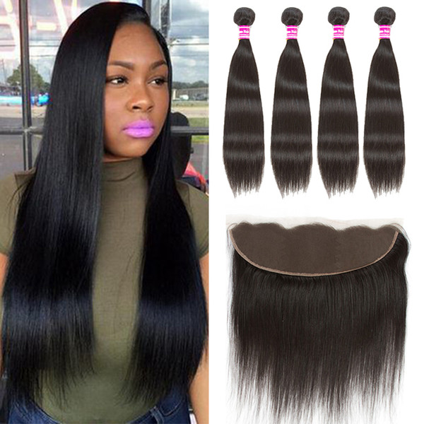 Brazilian Straight Bundles with Frontal Closure 100% Unprocessed Peruvian Virgin Human Hair Extensions Indian Human Hair Wefts with Closure