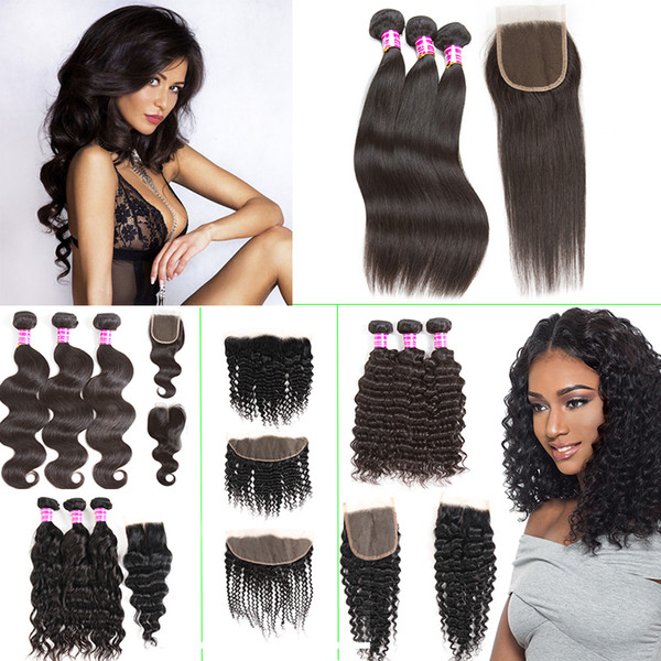 Brazilian Human Hair Vendors Straight Body Deep Water Wave Kinky Curly Virgin Hair Weave Bundles With Frontal Closure Hair Extensions Wefts