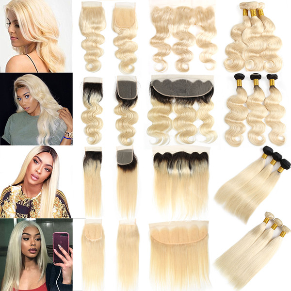 Brazilian Human Hair 1B 613 Ombre Silky Straight Bundles with Lace Closure 613 Blonde Virgin Hair Body Wave Bundles with Frontal Hair Weaves