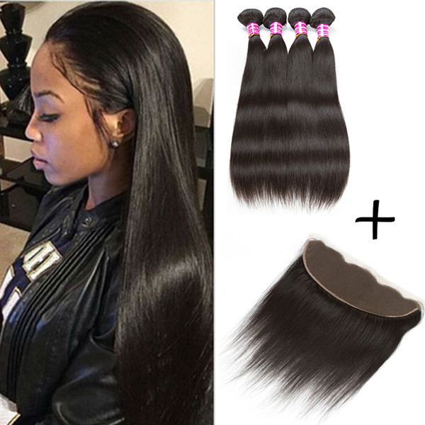 Brazilian Straight with Lace Frontal Closure 8A Unprocessed Peruvian Straight Human Hair Weave Indian Mongolian Cambodian Hair Extensions