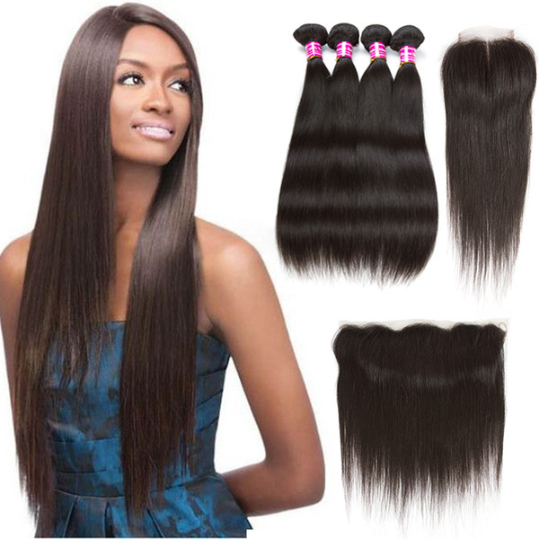 100% Unprocessed 8A Brazilian Human Virgin Hair 3/4/5 Bundles With Lace Closure Straight Virgin Hair Extensions Bundles with Lace Frontal