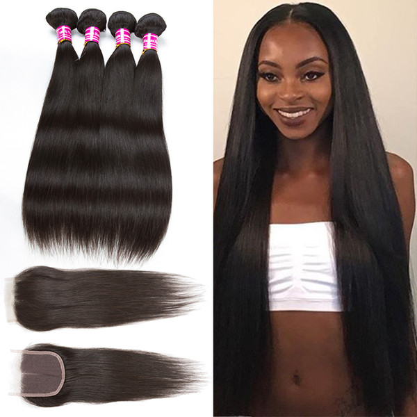 Wholesale 8A Brazilian Human Virgin Hair 4 Bundles With Closure 100% Unprocessed Straight Virgin Hair Extensions Bundles with Lace Frontal