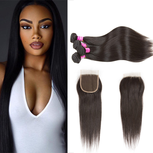 10A Brazilian Virgin Hair Straight Human Hair Weave Bundles with 4x4 Lace Closure Peruvian Body Wave Bundles with Free Part Natural Black