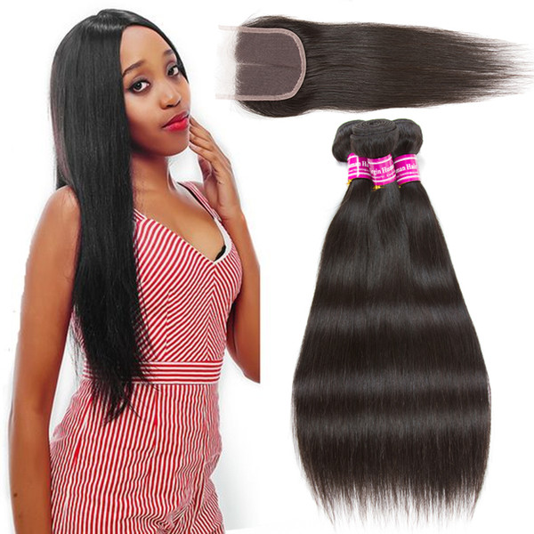 Unprocessed Brazilian Virgin Straight Human Hair 3 Bundles with Free Part Closures Straight Bundles with Middle Part Remy Hair Extensions