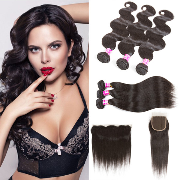 10A Brazilian Straight Body Wave 3 Bundles with Free Middle Closure Frontal Double Weft Human Hair Extensions Unprocessed Human Hair Weave