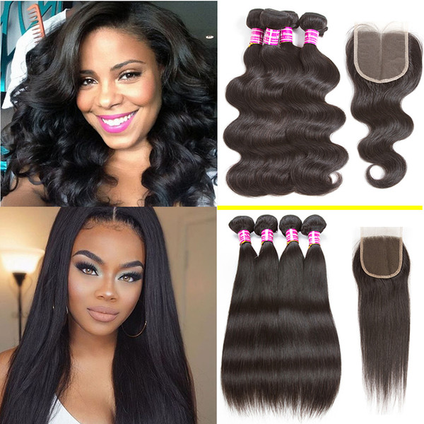 Body Wave Brazilian Hair Straight Weaves with Lace Closure Unprocessed Brazilian Lace Closure and Virgin Human Hair 4 Bundles Wholesal Price