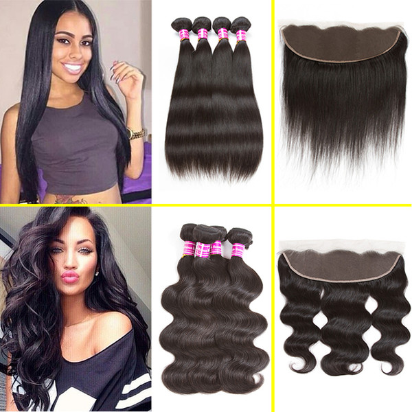 Body Wave 8A Brazilian Weaves with Frontal Closure Body Wave Human Hair Straight Virgin Hair Unprocessed Brazilian Straight Hair Extensions