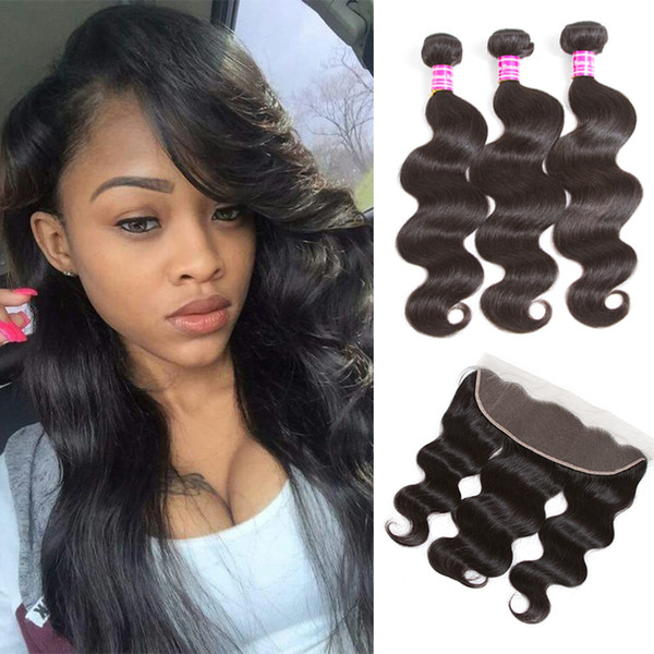 Body Wave Brazilian Hair 3 Wefts with Frontal Closure Unprocessed 8A Brazilian Body Wave Virgin Human Hair with 13X4 Lace Frontal Closure