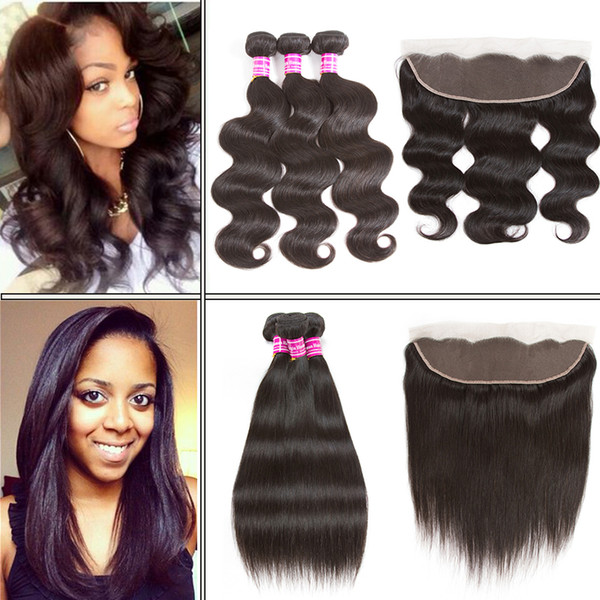 Sale! Brazilian 8A Straight & Body Wave 3 Bundles with Ear to Ear Frontal Closure Unprocessed Brazilian Virgin Human Hair Weave Extensions