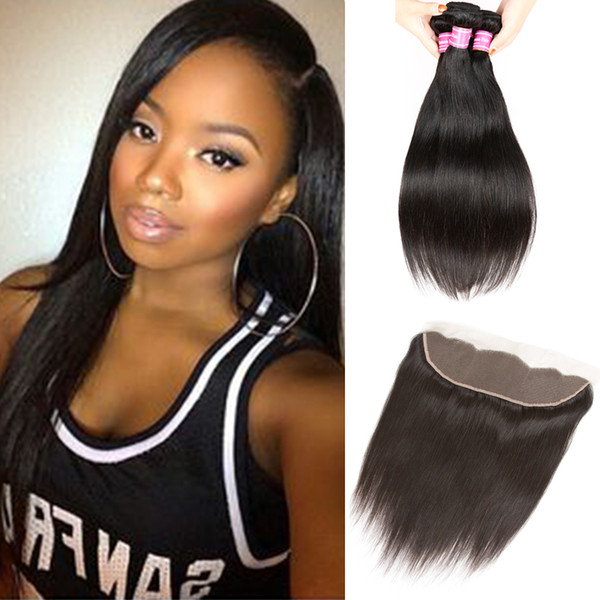 Straight Brazilian Virgin Hair with Ear to Ear Frontal Closure Peruvian Wet and Wavy Human Hair Extensions Unprocessed Straight Virgin Hair